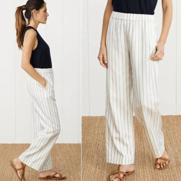 Jenni Kayne White Tan Stripe Elastic Waist Straight Pull On Pants 22218 - Picture 2 of 15